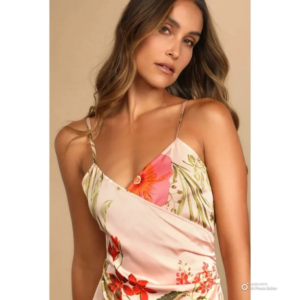 Lulu's Pink Floral Midi Slip Dress with Orange Floral Accents NWOT - Picture 3 of 16